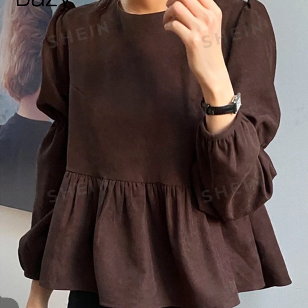 DAZY Solid Puff Sleeve Peplum Blouse,Long Sleeve Tops